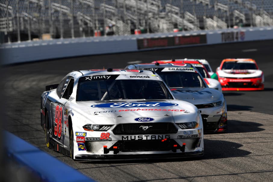 Custer (00) started on the outside of the front row next to Team Penske's Joey Logano (12). Custer (00) started on the outside of the front row next to Team Penske's Joey Logano (12).